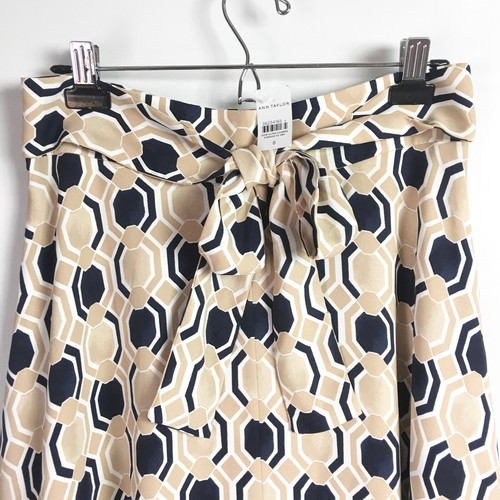 Ann Taylor Womens 8 Midi Skirt Geo Tie Waist Navy Tan White NEW - Picture 5 of 9
