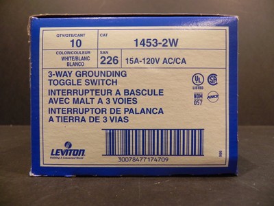 Leviton 3-way grounding toggle switch box of 10 White 1453-2W