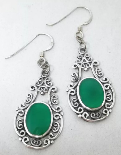 Pendientes colgantes de plata esterlina 925 natural de ónix verde calados de colección - Imagen 12 de 12