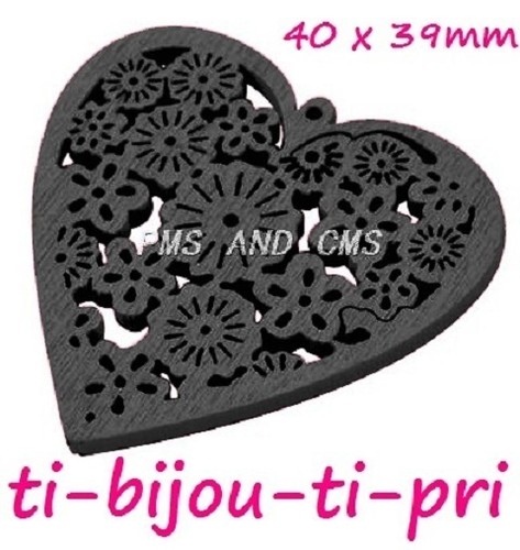 Pack Von 5 Perlen Prägen Anhänger Hearts aus Holz Schwarz 40x39mm Artwork Bijoux - Afbeelding 1 van 1