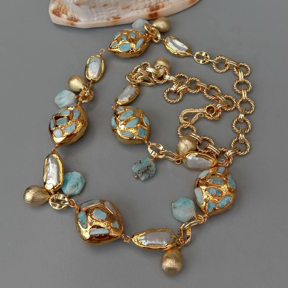 Collar Largo Cadena Chapado en Oro Larimar Azul Perla Biwa Blanco Cultivado 30" Foto 3 de 4