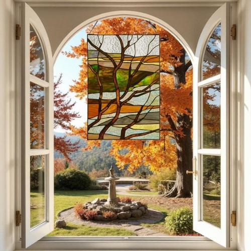 Pannello in vetro colorato stile Tiffany di caduta paesaggio alberi prendisole 14x20 pollici - Foto 3 di 8