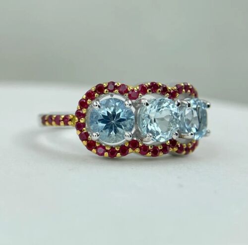 1.80CT Round Lab Created Aquamarine and Ruby 14K Yellow Gold Plated Band Ring - Picture 3 of 4