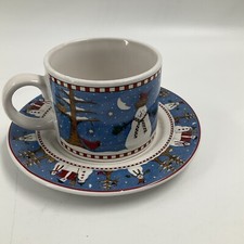 Sakura Debbie Mumm Snowman Flat Cup  Saucer Set Stoneware Retired Replacement