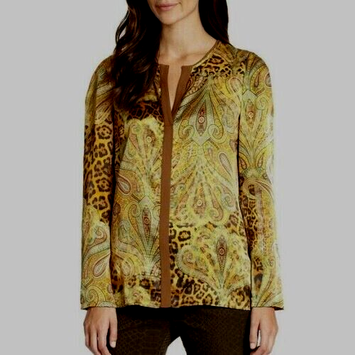Lafayette 148 Sz 6 (S) Silk Blouse Tunic Long Sleeve Multicolor Paisley/Animal - Picture 2 of 12
