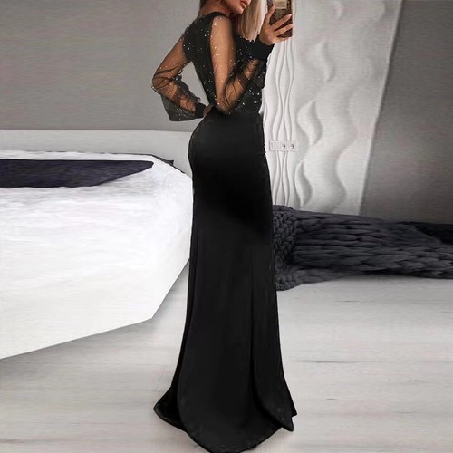 Women Elegant Sequin Long Maxi Dress Mesh Long Sleeve Evening Party Ruffle Dress - Picture 5 of 8