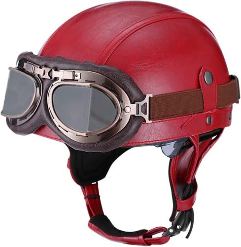 Retro Leather Motorcycle Half Helmet Scooter Bike Cruiser with Goggles - Bild 16 von 36