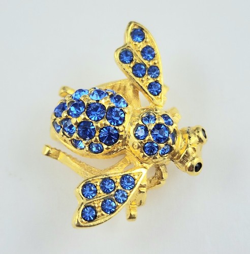 Prendedor vintage firmado por Joan Rivers cristal azul estrás insecto abeja tono dorado - Imagen 2 de 7