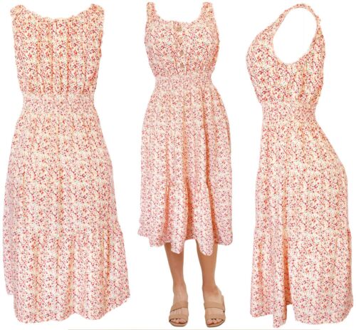 Womens Knee Length Floral Flared Flowy Smocked Summer Sun Dress - Picture 6 of 9