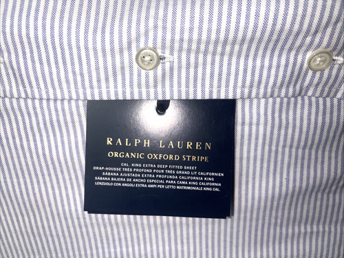 Ralph Lauren Organic Oxford Stripe Deep Fitted Sheet 21" Blue Cal-King $250 - Picture 5 of 11
