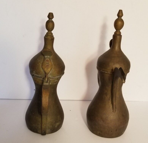 Set of 2 Dallah Antique Brass Middle Eastern Coffee Pot 11" Stamped Makers Mark - Picture 4 of 24