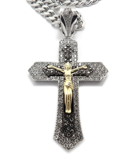 Gold Plated Cubic Zirconia Large Jesus Cross Charm Franco Cuban Chain Necklace - Picture 134 of 165