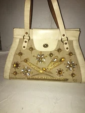 Enid Collins Purse Roadrunner Tan Jeweled Bird Leather Canvas Carpetbag