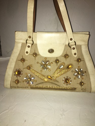 Enid Collins Handtasche Roadrunner hellbraun mit Schmucksteinen besetzter Vogel Leder Canvas Carpetbag - Bild 1 von 8