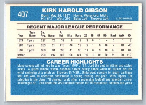 1982 Donruss Kirk Gibson #407 - Picture 2 of 2