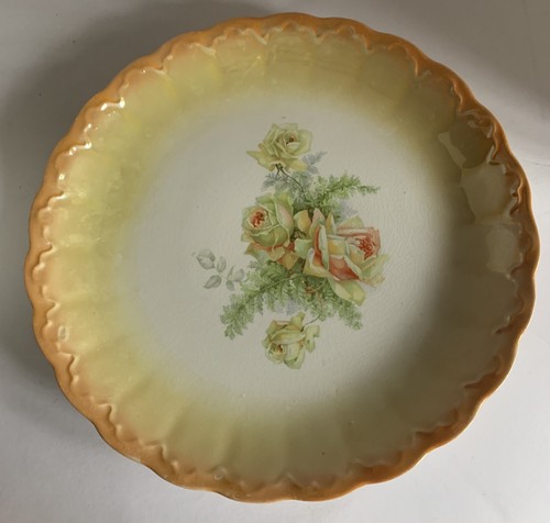 Antique Peach Lusterware Yellow Roses Complementary Pair Fruit Bowl Plate - Picture 4 of 14