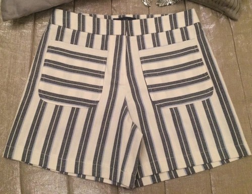 NEXT Navy Striped Shorts UK 6 XS Nautical High Waist Linen Mix Summer Holidays - Picture 3 of 10