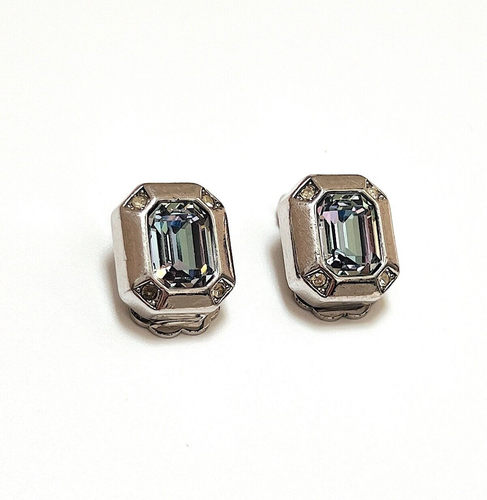 Christian Dior Earrings Silver Studs Square Aquamarine Blue Crystal Vintage 80s - Picture 3 of 5