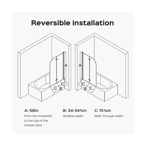 Bathtub Sliding Doors 34" W x 58" H Shower Doors for Bath Tub Frameless Folda... - Picture 3 of 3