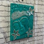 Wooden Wood Panel 40cm Brown Teal Buddha Hibiscus Wall Art Plaque Handcarved