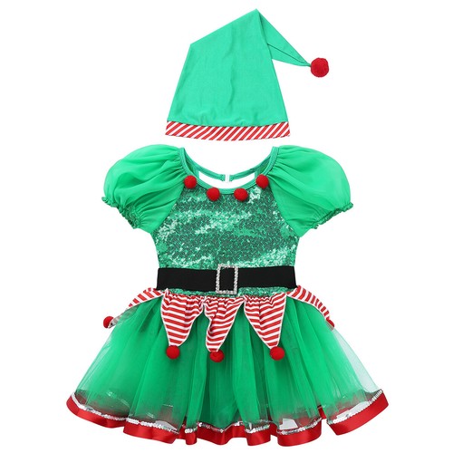 Kids Girls Christmas Elf Fancy Dress Up Shiny Sequins Tutu Dress with Hat Set - Bild 8 von 19