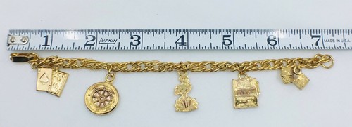 Vintage Compass, Dice, Cards 5 Charm Gold Tone Bracelet 7" - Picture 2 of 2