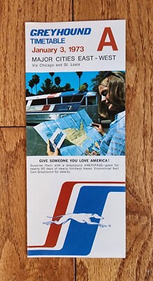1973 GREYHOUND BUS LINES TIME TABLE A - MAJOR CITIES EAST - WEST