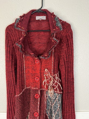 Artsy Y2K Ruffle Duster Cardigan Sz M Lagenlook Wearable Art To Wear Patchwork - Picture 2 of 13