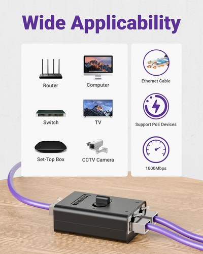2 Port RJ45 Network Switch, Ethernet Splitter 2-in 1-Out or 1-in 2-Out, Power... - Picture 7 of 7