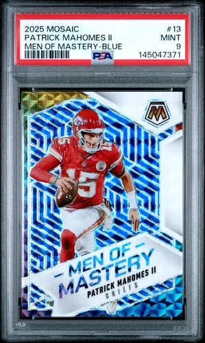 2025 PANINI MOSAIC MEN OF MASTERY BLUE #13 PATRICK MAHOMES II 45/99 PSA 9
