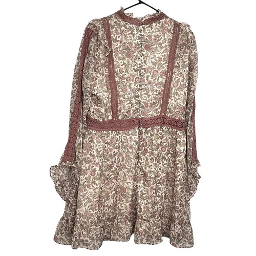 Topshop Mini Dress Womens Size 6 Pink Lace Trim Floral Sheer Puff Sleeves Boho - Picture 2 of 10