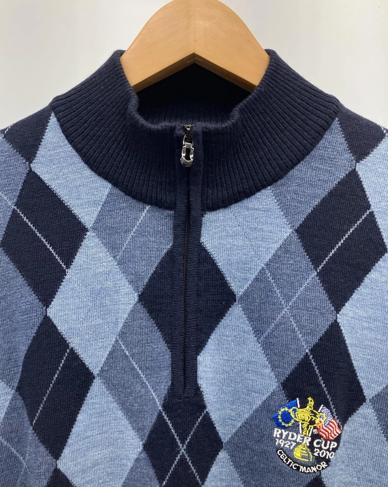 Canali Sweater Mens 54 Navy Argyle 1/4 Zip Merino Wool Ryder Cup 2010 Made Italy - Image 2 of 4