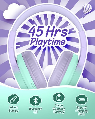 Kids Bluetooth Headphones, Colorful Wireless Over Ear Headset with 85dB/94dB ... - Picture 3 of 7