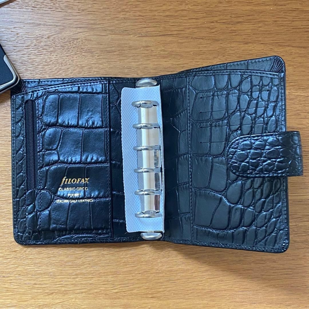 FILOFAX Classic Croc Pocket Organizer in Black Italian Calf