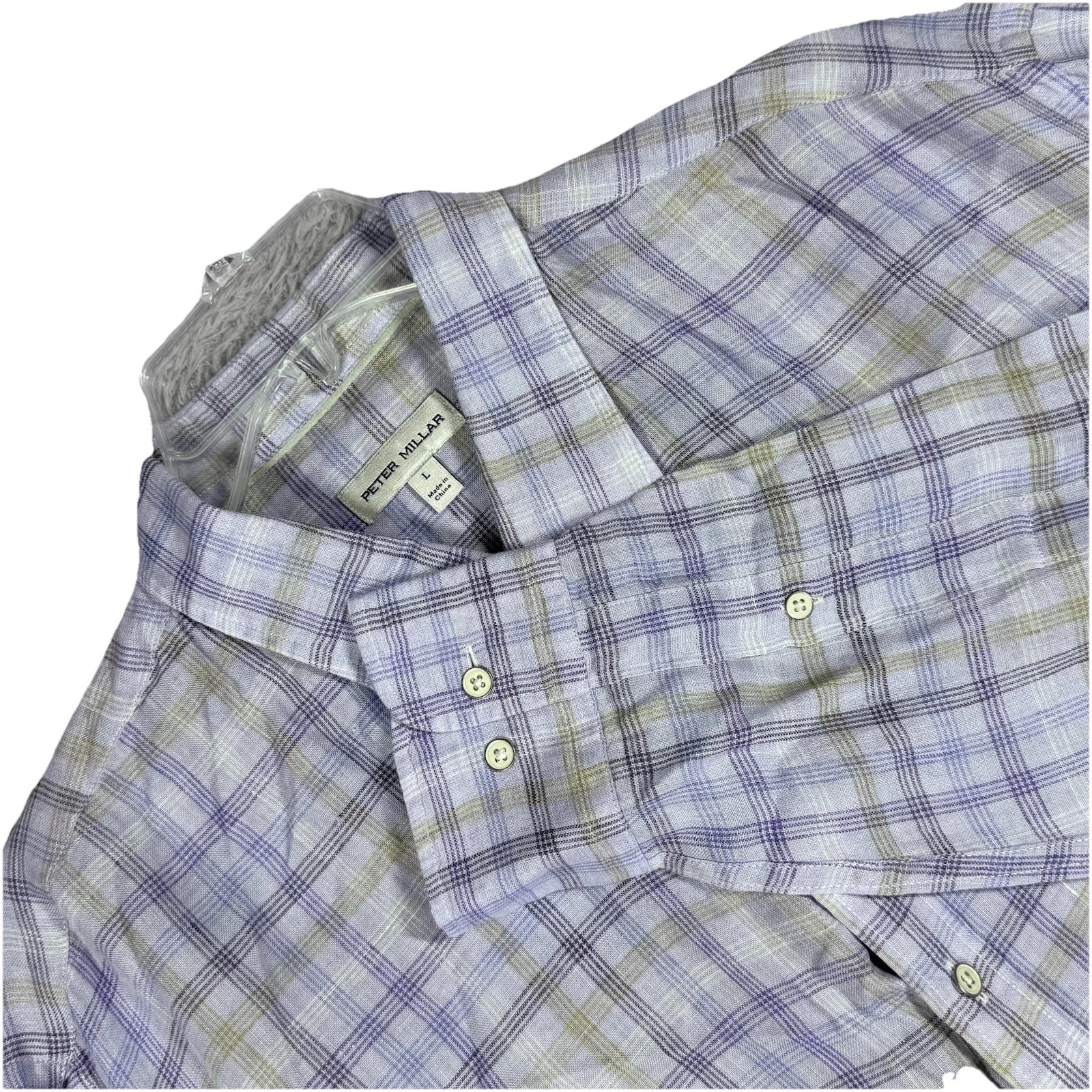 Peter Millar Men's Large Linen Purple Plaid Long Sleeve Button Front Shirt
