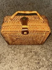 Rectangular Wicker Cross Body Purse Bag with Removable Leather Strap Brown Boho