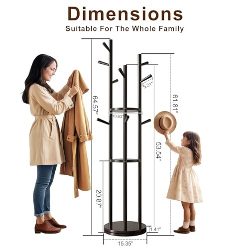 Solid Wood Rotary Coat Rack, Freestanding Coat Rack with 3 Shelves and 9 - Picture 3 of 7