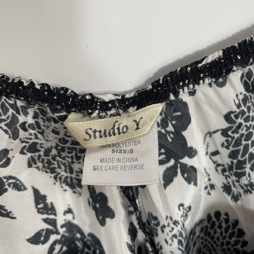 Y2K Floral Top Ladies Silky Puff Sleeve Blouse Black White Studio Y Size S - Picture 7 of 8