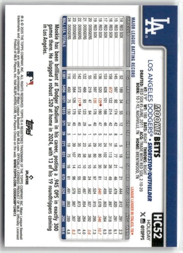 2025 Topps Holiday Mookie Betts #HC52 Chrome Purple Refractor 95/299 NM - Picture 2 of 2