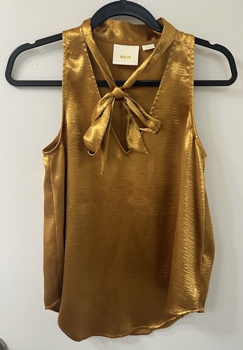 Maeve Salina ärmellose Damenbluse mit V-Ausschnitt Größe 4 goldgelb Satin mit Bindeband - Bild 4 von 12
