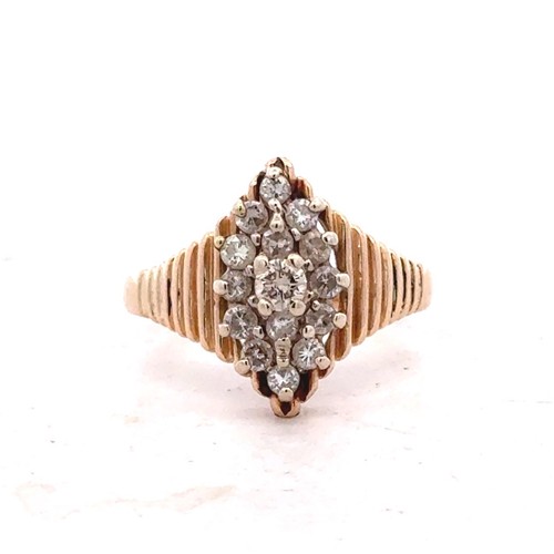 Vintage HOMCO 14K Yellow Gold Ribbed Diamond Cluster Statement Cocktail Ring