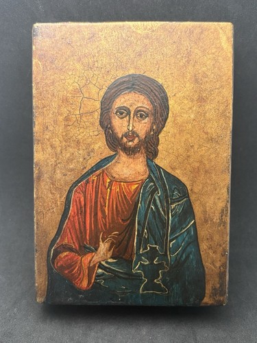 Vintage Jesus Icon Oil On Wood Hand Made By Ch.Plank 1986 - Picture 3 of 14