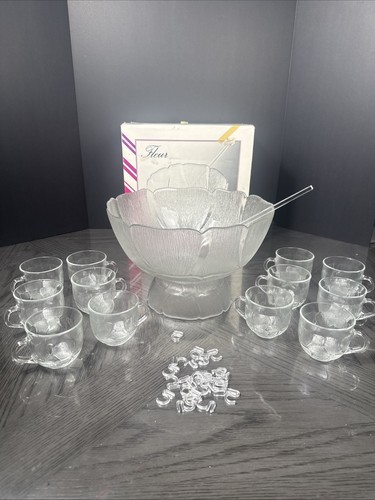 Vintage Arcoroc French Crystal Punch Bowl Set w/ 12 Cups Fleur Pattern Glass
