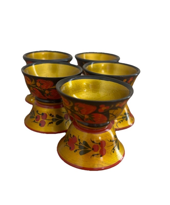 Vtg Russian Hand-Painted Wooden Egg Cups Black & Gold, Red Set Of 5