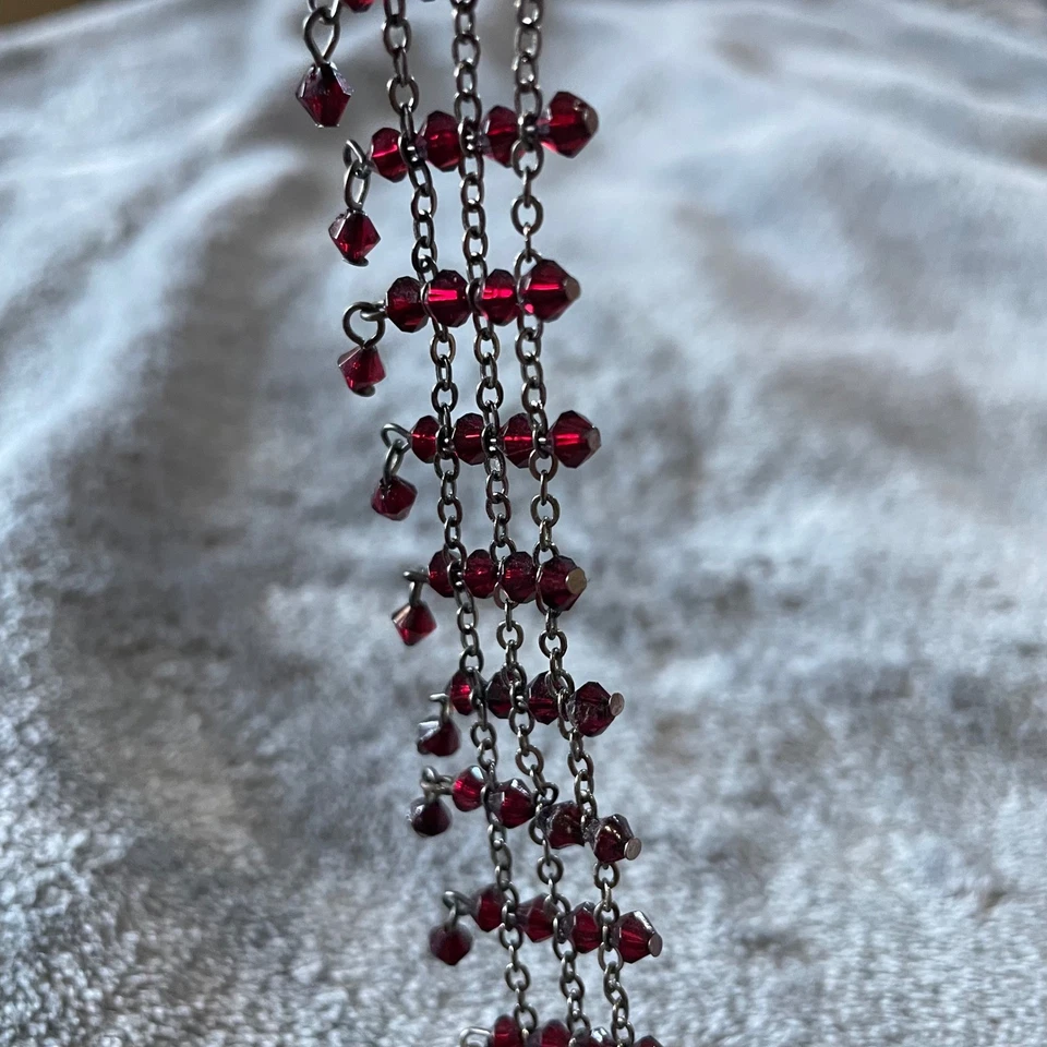 Y2K goth deep Red beaded Choker Necklace Multi Layered Chain Adjustable Clasp - Image 4 of 4
