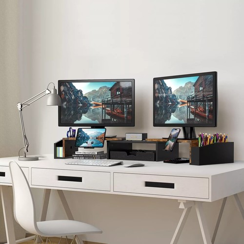 Desk Dual Monitor Stand Riser with Drawer, Rustic Brown - Picture 5 of 5