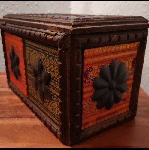 1960s Vintage Indian Boho Carved Wooden Spice Storage Jewelry Box Trunk Chest - Picture 7 of 12
