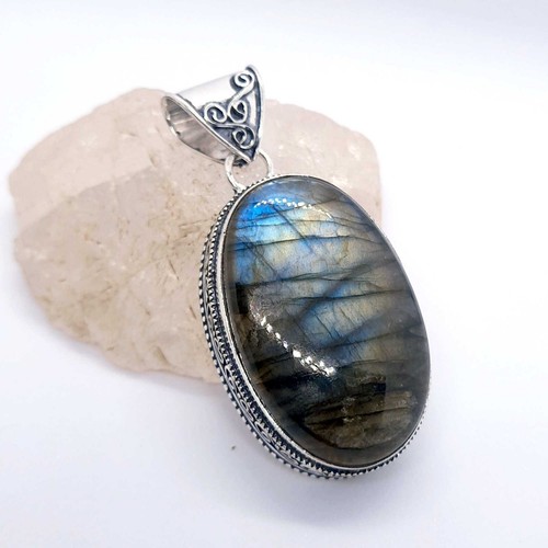 Labradorite Gemstone 925 Sterling Silver Plated Pendant Jewelry 2 1/4" - Picture 4 of 6