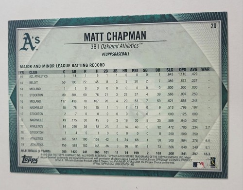 Tarjeta de béisbol Matt Chapman Topps 2020 día nacional #20 Oakland A's tercera base MLB - Imagen 2 de 2
