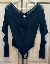 Bebe Black Mesh Cut Out Long Mesh Sleeve Bodysuit, Medium